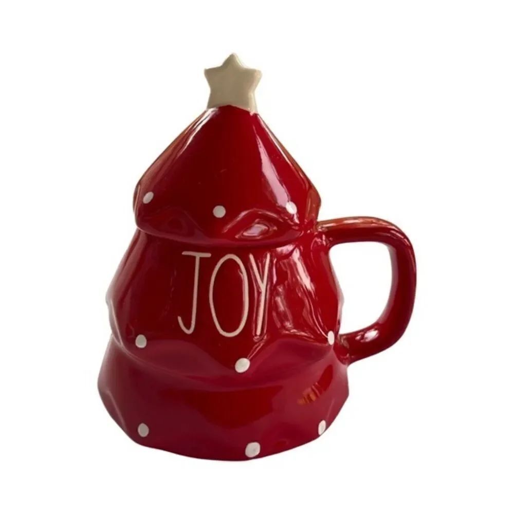 Rae Dunn JOY Holiday Tree Shaped Mug w/Star Topper Red & White Ceramic SetโNWOT